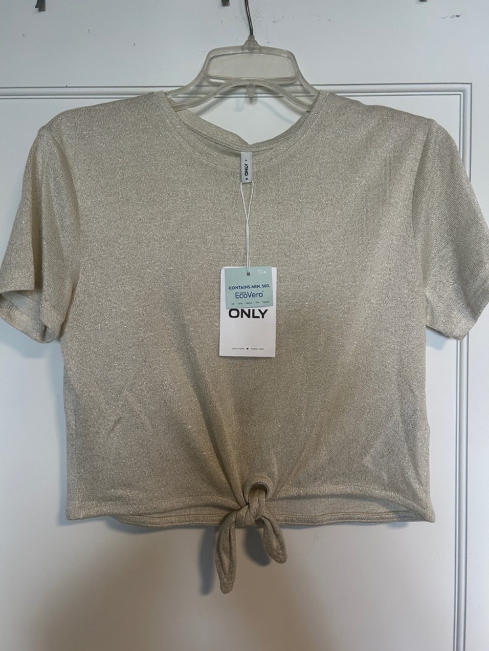 ONLY Metallic Cream Tie-Front Crop Tee